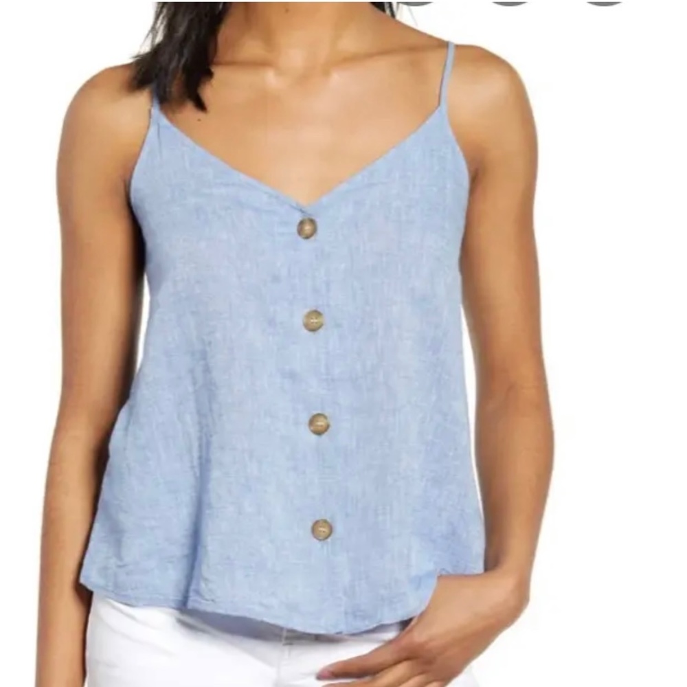 BP Nordstrom Chambray Blue Button Down Top Tank Linen Blend